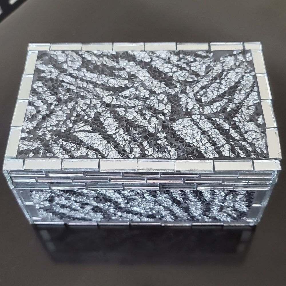 Mosaic Mirrored Black and Silver Jewelry Trinket Box